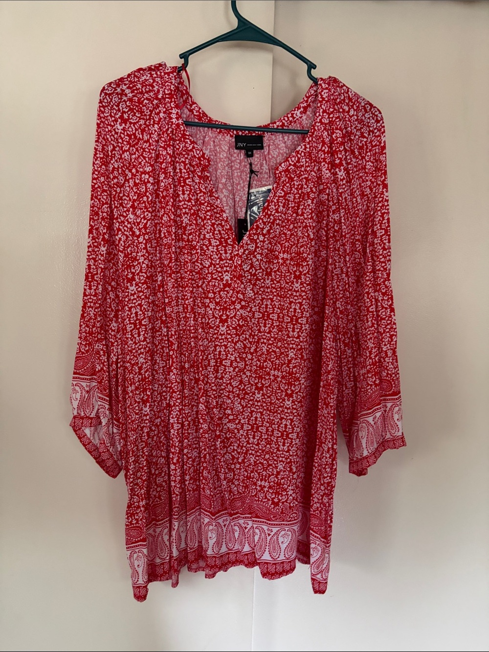 JNY Collection Red Paisley & Floral V-Neck Tunic Top